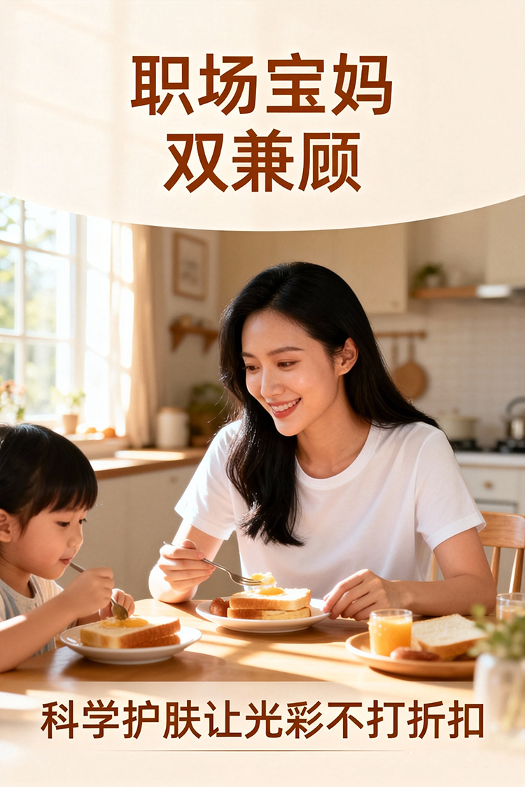 1764309862816520.jpg jimeng-2025-11-28-6090-温馨的家庭早餐时光,以温暖的晨光色调为主。画面上方是现代简洁字体标题“职场宝妈双...jpg